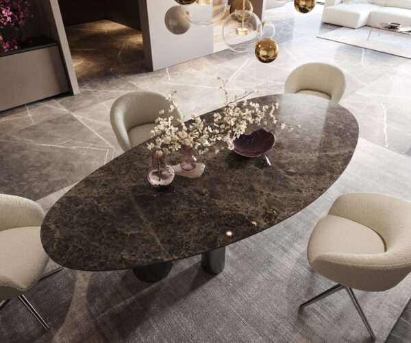 Jedálenský stôl Edge oválny 280x130 keramika Laminam®Emperador Extra Lucidato tmavohnedá Troa nerezová oceľ grafitová - Image 3