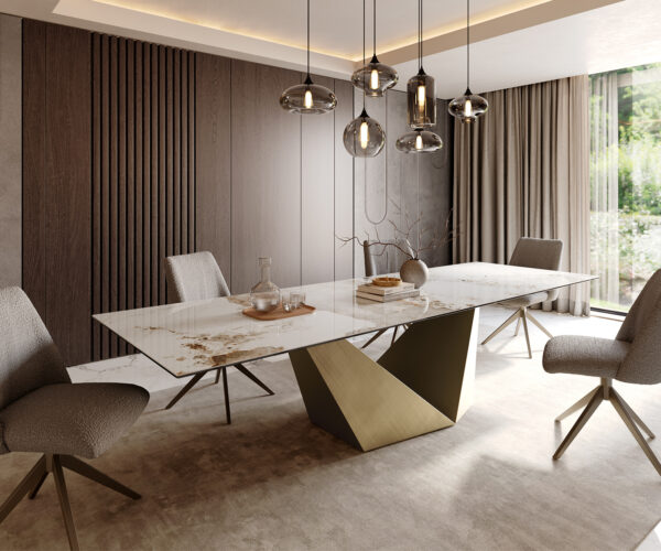 Jedálenský stôl Edge 300x100 keramika Minas melange bielo-béžová Prisma metalická zlatá - Image 2
