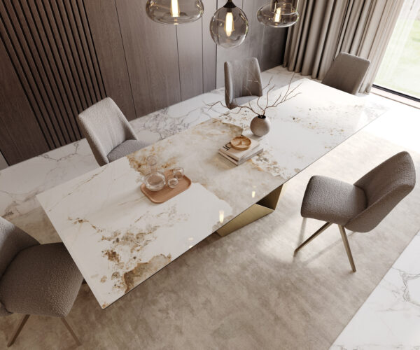 Jedálenský stôl Edge 300x100 keramika Minas melange bielo-béžová Prisma metalická zlatá - Image 4