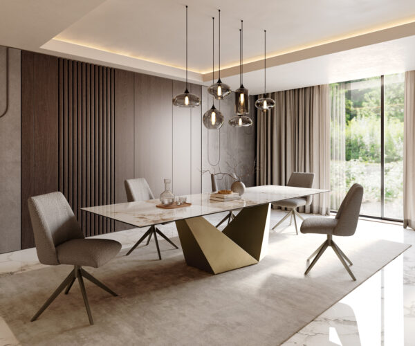 Jedálenský stôl Edge 300x100 keramika Minas melange bielo-béžová Prisma metalická zlatá - Image 7