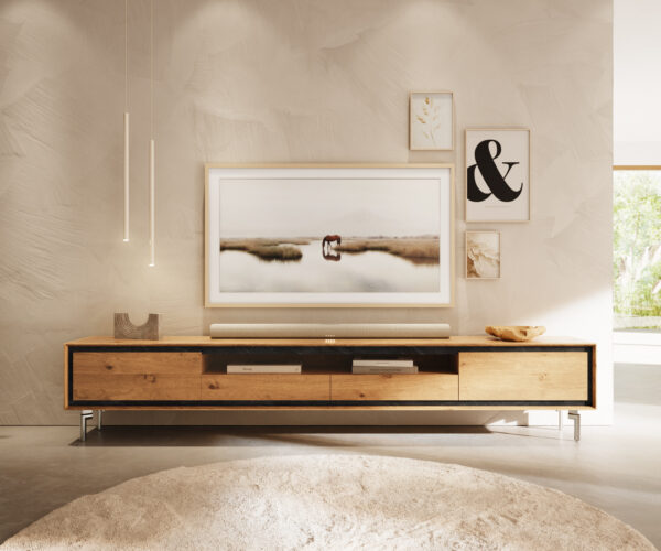 TV stolík Stonegrace 240 cm prírodný dub 2 dvere 2 zásuvky 1 priehradka oválne nohy nerezová oceľ brúsená - Image 2