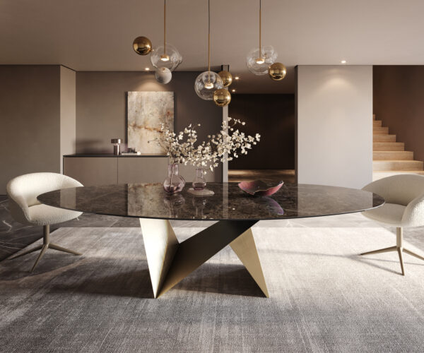Jedálenský stôl Edge oválny 280x130 keramika Laminam® Emperador Extra Lucidato tmavohnedá Origami metalická zlatá - Image 2