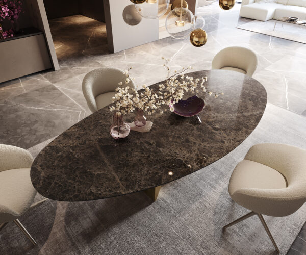 Jedálenský stôl Edge oválny 280x130 keramika Laminam® Emperador Extra Lucidato tmavohnedá Origami metalická zlatá - Image 3