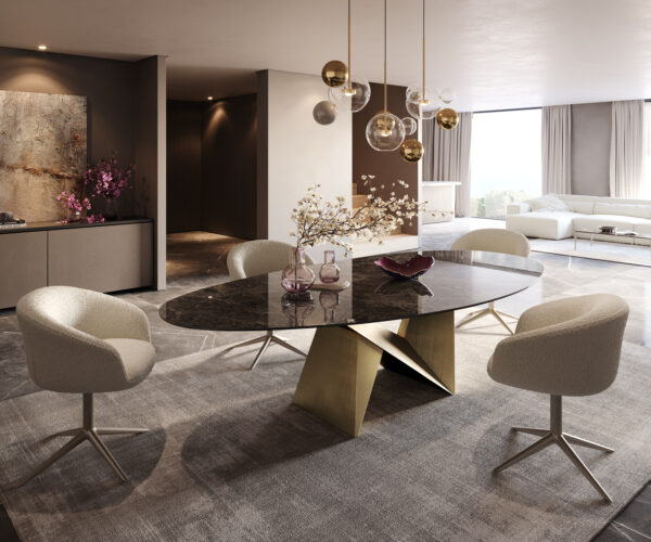 Jedálenský stôl Edge oválny 280x130 keramika Laminam® Emperador Extra Lucidato tmavohnedá Origami metalická zlatá - Image 6