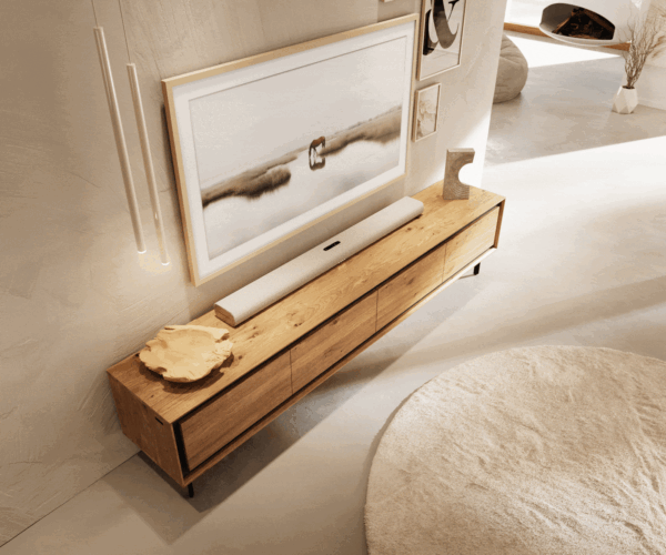 TV stolík Stonegrace 200 cm dub prírodný 4 dvierka podstava oválna kov čierna - Image 4