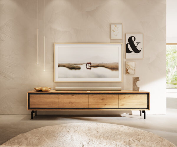 TV stolík Stonegrace 200 cm dub prírodný 4 dvierka podstava oválna kov čierna - Image 2