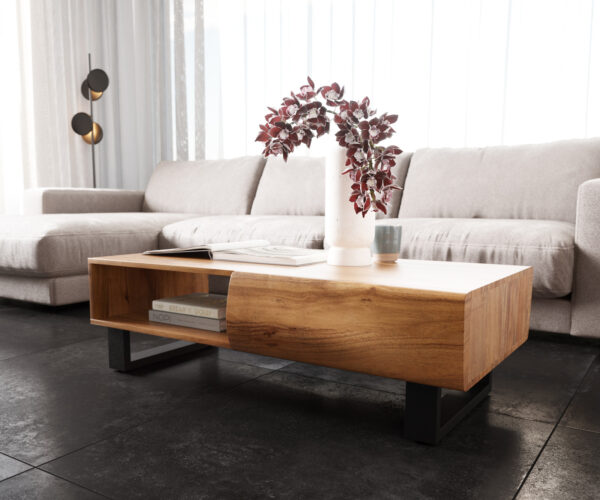 Konferenčný stolík New Live-Edge 115x60 cm akácia prírodná 2 zásuvky 1 priehradka kovová tenká podstava čierna