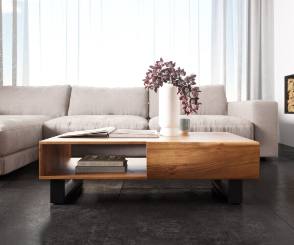 Konferenčný stolík New Live-Edge 115x60 cm akácia prírodná 2 zásuvky 1 priehradka kovová tenká podstava čierna - Image 2