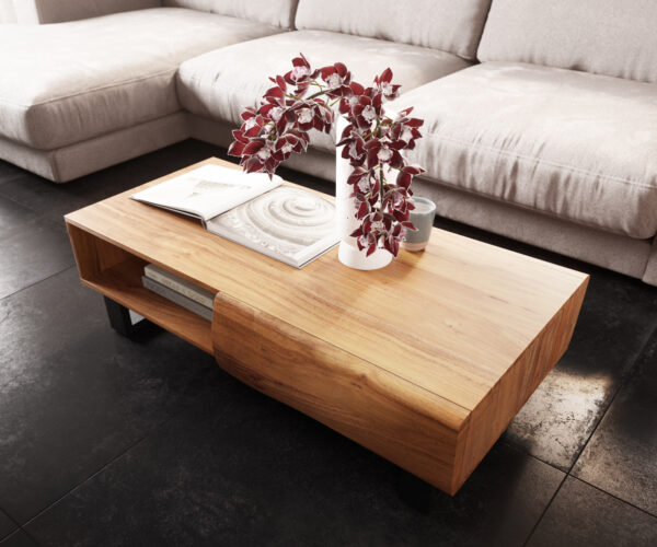 Konferenčný stolík New Live-Edge 115x60 cm akácia prírodná 2 zásuvky 1 priehradka kovová tenká podstava čierna - Image 4