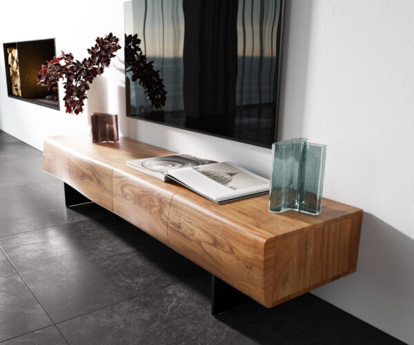TV stolík New Live-Edge 175 cm prírodná akácia, 4 dvere, nohy v štýle plávajúceho kovu čierne - Image 2