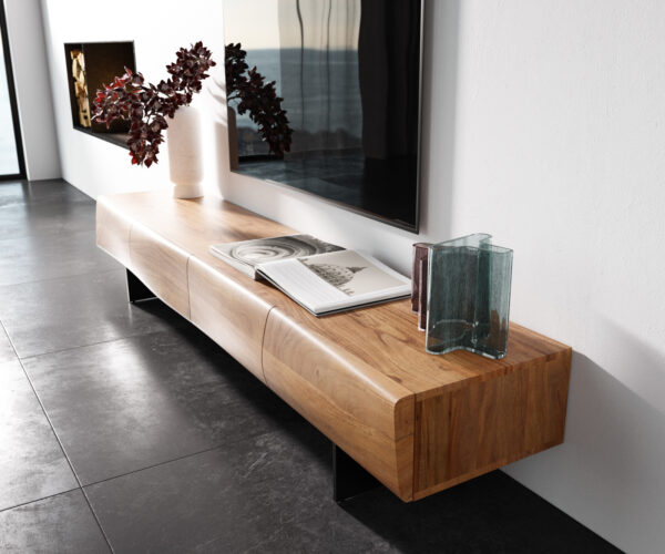 TV stolík New Live-Edge 200 cm prírodná akácia, 4 dvere, plávajúce nohy, kov čierny - Image 2
