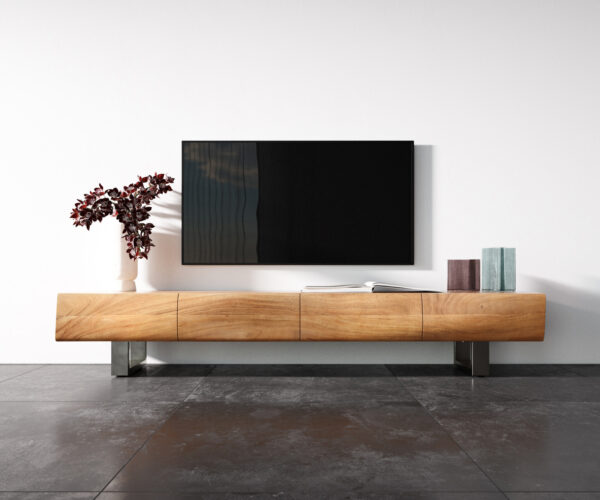 TV stolík New Live-Edge 200 cm akácia prírodná 4 dvierka tenká podstava nerezová oceľ kefovaná - Image 4