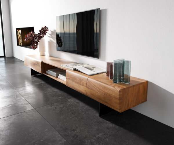 TV stolík New Live-Edge 240 cm prírodná akácia 4 dvere 1 priehradka vznášajúci sa štýl kov čierny - Image 2