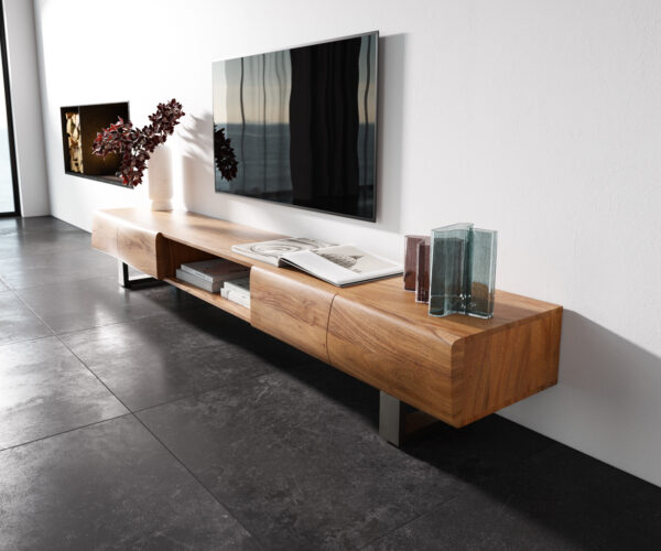 TV stolík New Live-Edge 240 cm akácia prírodná 4 dvierka 1 priehradka tenká podstava nerezová oceľ kefovaná - Image 2