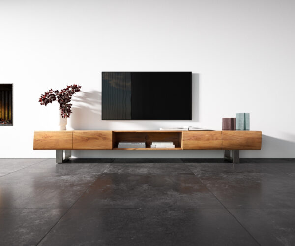 TV stolík New Live-Edge 240 cm akácia prírodná 4 dvierka 1 priehradka tenká podstava nerezová oceľ kefovaná - Image 4