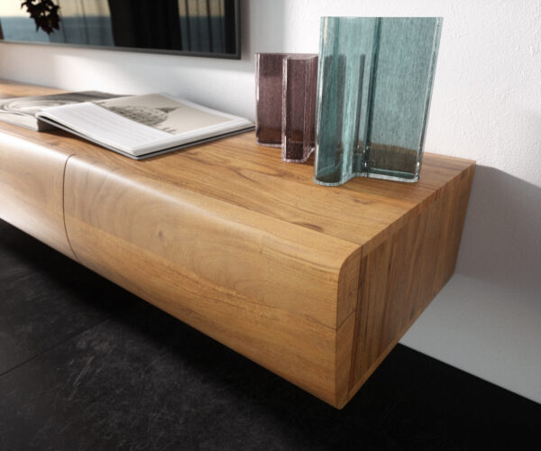 TV stolík New Live-Edge 240 cm prírodná akácia 4 dvere 1 priehradka akrylové nohy - Image 5