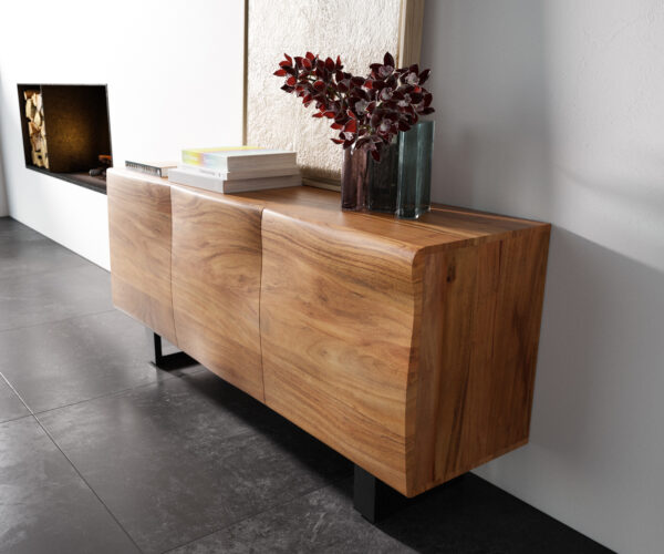 Komoda New Live-Edge 145 cm prírodná akácia 3 dvere kovový rám na lyžiach čierny - Image 2