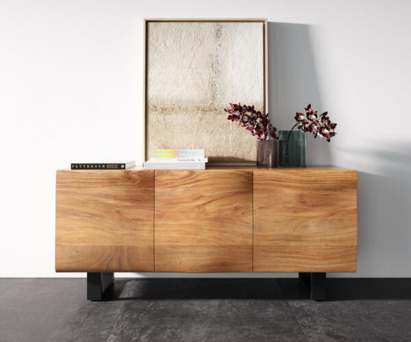 Komoda New Live-Edge 145 cm prírodná akácia 3 dvere kovový rám na lyžiach čierny - Image 4
