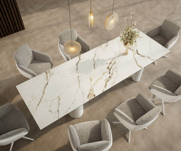 Jedálenský stôl Edge 300x100 cm keramika Calacatta Luxe bielo-zlatá-sivá Pilier kov biely - Image 4
