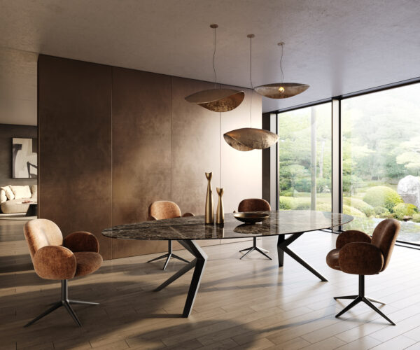 Jedálenský stôl Edge oválny 315x150 keramika Laminam®Emperador Extra Lucidato tmavohnedá Zenthara hranatý kov čierna - Image 6