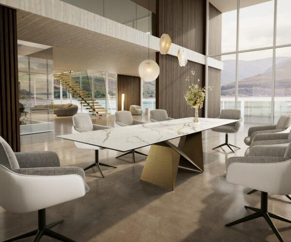 Jedálenský stôl Edge 300x100 cm keramika Calacatta Luxe bielo-zlato-sivá Origami kov zlatý - Image 7