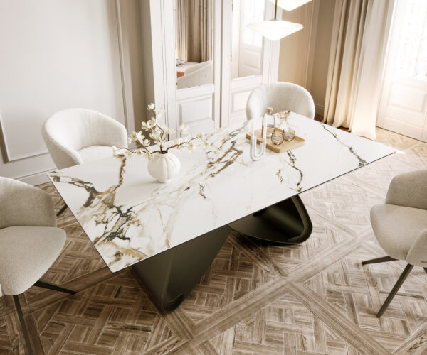 Jedálenský stôl Edge oválny 200x100 cm keramika Calacatta Luxe bielo-zlato-šedá podstava v tvare W kov efektová titánová farba - Image 4
