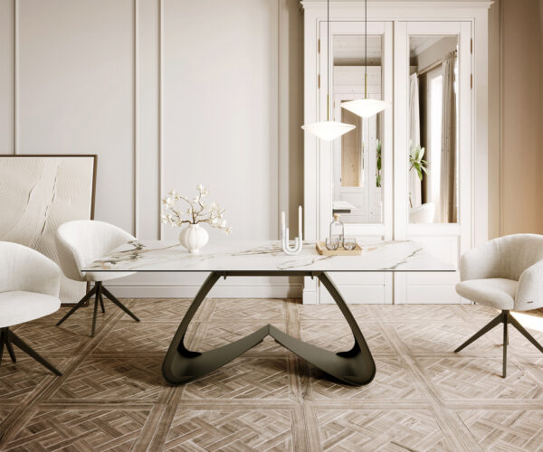 Jedálenský stôl Edge oválny 200x100 cm keramika Calacatta Luxe bielo-zlato-šedá podstava v tvare W kov efektová titánová farba - Image 2