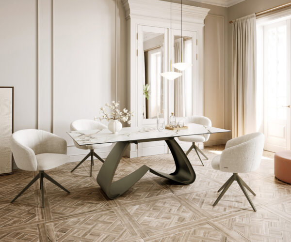 Jedálenský stôl Edge oválny 200x100 cm keramika Calacatta Luxe bielo-zlato-šedá podstava v tvare W kov efektová titánová farba - Image 6