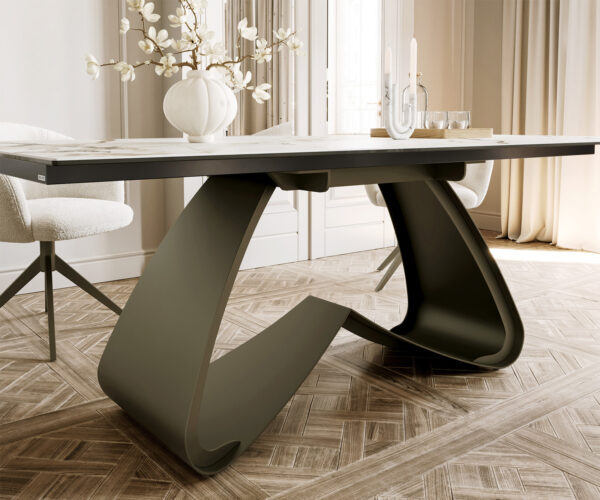 Jedálenský stôl Edge oválny 200x100 cm keramika Calacatta Luxe bielo-zlato-šedá podstava v tvare W kov efektová titánová farba - Image 7