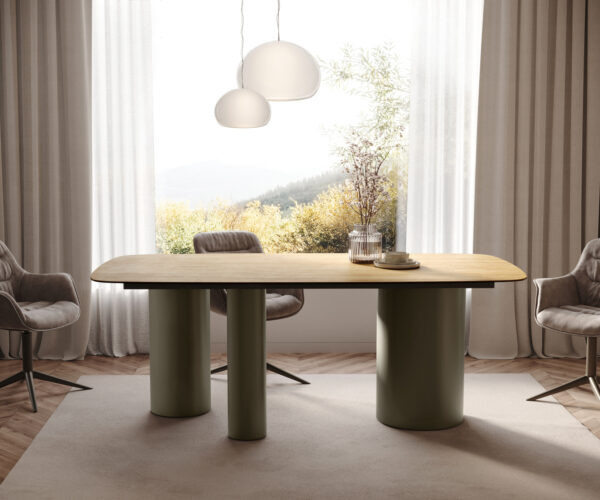 Jedálenský stôl Edge lodný tvar 200x100 cm keramika Laminam® Sabbia dubová farba Troa kovový efekt titánový - Image 2