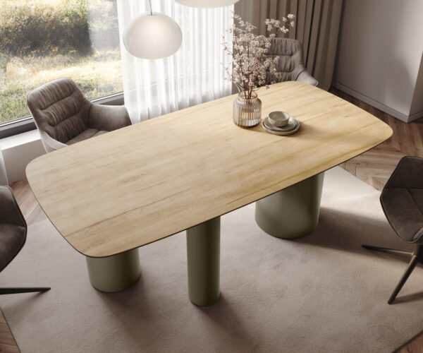 Jedálenský stôl Edge lodný tvar 200x100 cm keramika Laminam® Sabbia dubová farba Troa kovový efekt titánový - Image 4