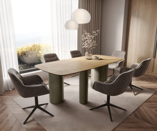 Jedálenský stôl Edge lodný tvar 200x100 cm keramika Laminam® Sabbia dubová farba Troa kovový efekt titánový - Image 7