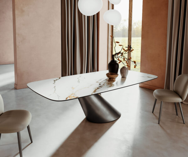 Jedálenský stôl Edge lodný tvar 240x100 cm keramika Calacatta Luxe bielo-zlato-sivá Cono kov strieborný - Image 2