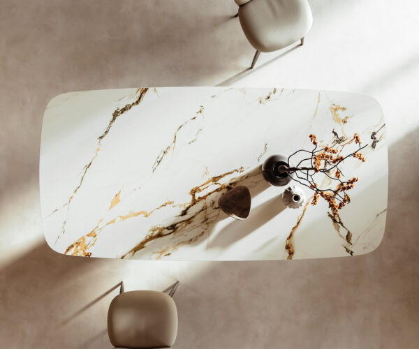 Jedálenský stôl Edge lodný tvar 240x100 cm keramika Calacatta Luxe bielo-zlato-sivá Cono kov strieborný - Image 6