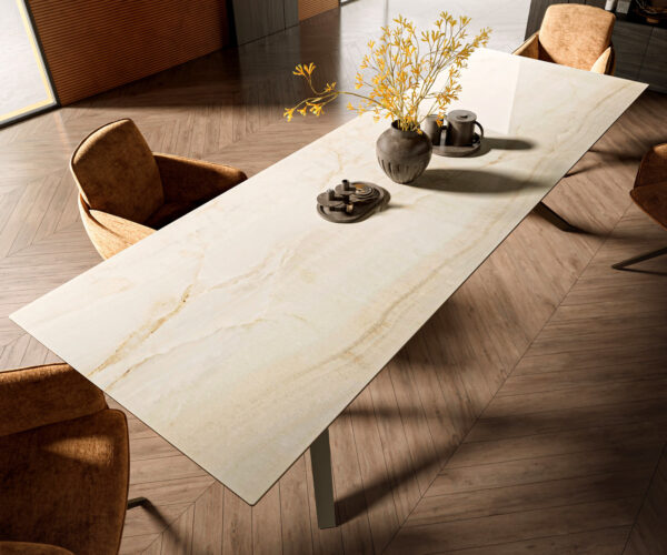 Jedálenský stôl Edge 300x100 keramika Laminam® Onice Oro Zenthara s uhlovým kovovým efektom titánového povrchu - Image 4