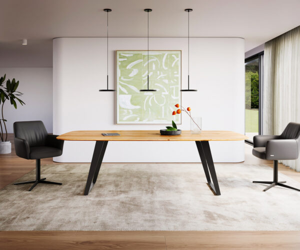 Jedálenský stôl Edge lodný tvar 240x100 cm prírodný dub šikmý rám kov čierny švajčiarsky - Image 2