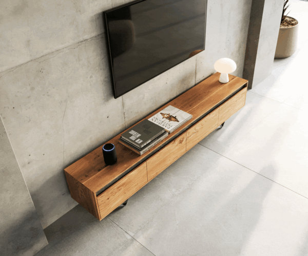 TV stolík Stonegrace 200 cm akácia prírodná bridlica 4 zásuvky - Image 4