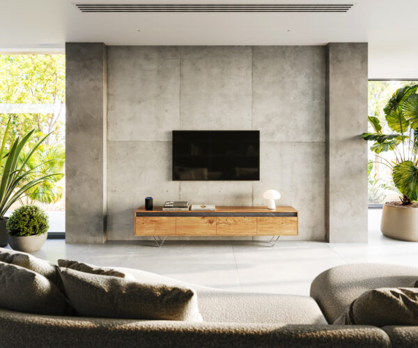 TV stolík Stonegrace 200 cm akácia prírodná bridlica 4 zásuvky - Image 2