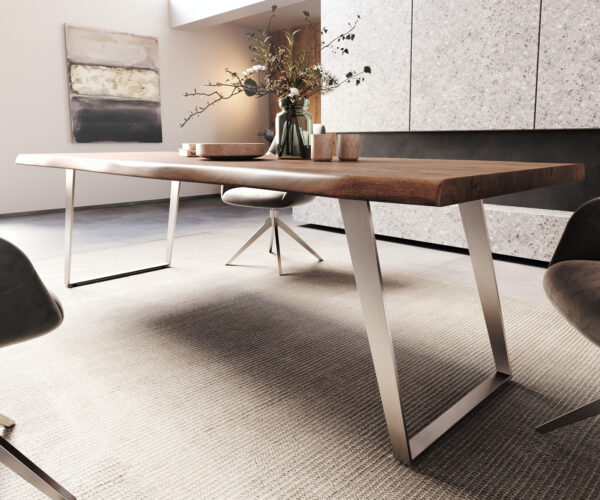 Jedálenský stôl Edge 260x100 cm XL akácia hnedá nerezová oceľ strieborná skosený Live-Edge - Image 5