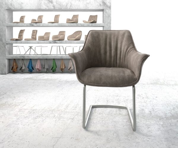 Jedálenská stolička Keila-Flex s opierkami mikrovlákno taupe vintage jedálenská stolička okrúhla nerezová oceľ - Image 2