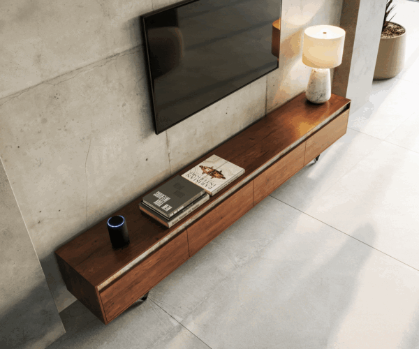 TV stolík Stonegrace 240 cm akácia hnedá bridlica 4 dvierka čierne V-nohy - Image 4