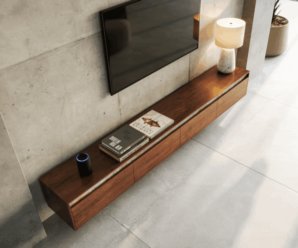 TV stolík Stonegrace 240 cm akácia hnedá bridlica 4 dvierka závesný - Image 4
