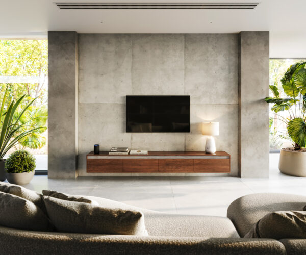 TV stolík Stonegrace 240 cm akácia hnedá bridlica 4 dvierka závesný - Image 2
