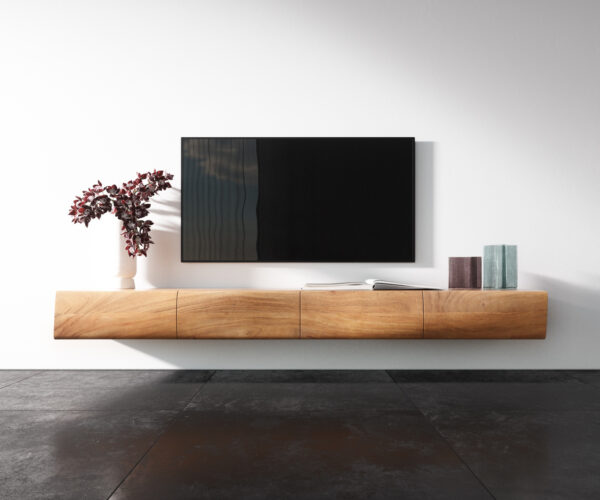 TV stolík New Live-Edge 200 cm akácia prírodná 4 dvierka závesný - Image 4