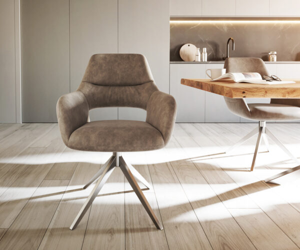 Jedálenská stolička Yago-Flex s podrúčkami, krížová konštrukcia, široké, nerezová oceľ, mikrovlákno taupe, otočné o 360° - Image 2
