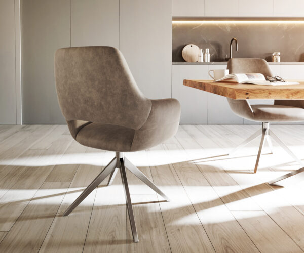 Jedálenská stolička Yago-Flex s podrúčkami, krížová konštrukcia, široké, nerezová oceľ, mikrovlákno taupe, otočné o 360° - Image 5