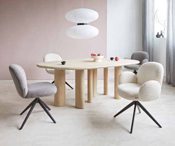 Jedálenská stolička Nube-Flex krížový rám široký kovový čierny bouclé biely 180° otočný jadro s vreckovými pružinami - Image 4