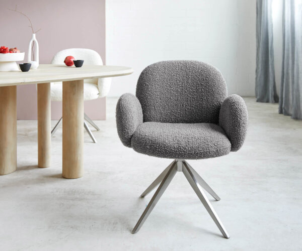 Jedálenská stolička Nube-Flex s podrúčkami, krížová konštrukcia, široké, nerezová oceľ, bouclé striebornošedá, otočné o 180°, jadro s vreckovými pružinami - Image 2