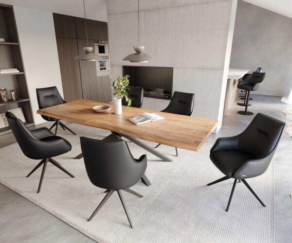 Jedálenská stolička Alja-Flex s podrúčkami, krížový rám, široké, kovové, čierna pravá koža, čierne, otočné o 180°, jadro z taštičkových pružín - Image 5