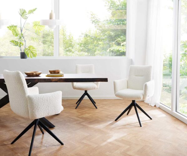 Jedálenská stolička Jova-Flex s opierkami bouclé biela krížová podstava široká čierna 360° otočná vrecková pružina - Image 6